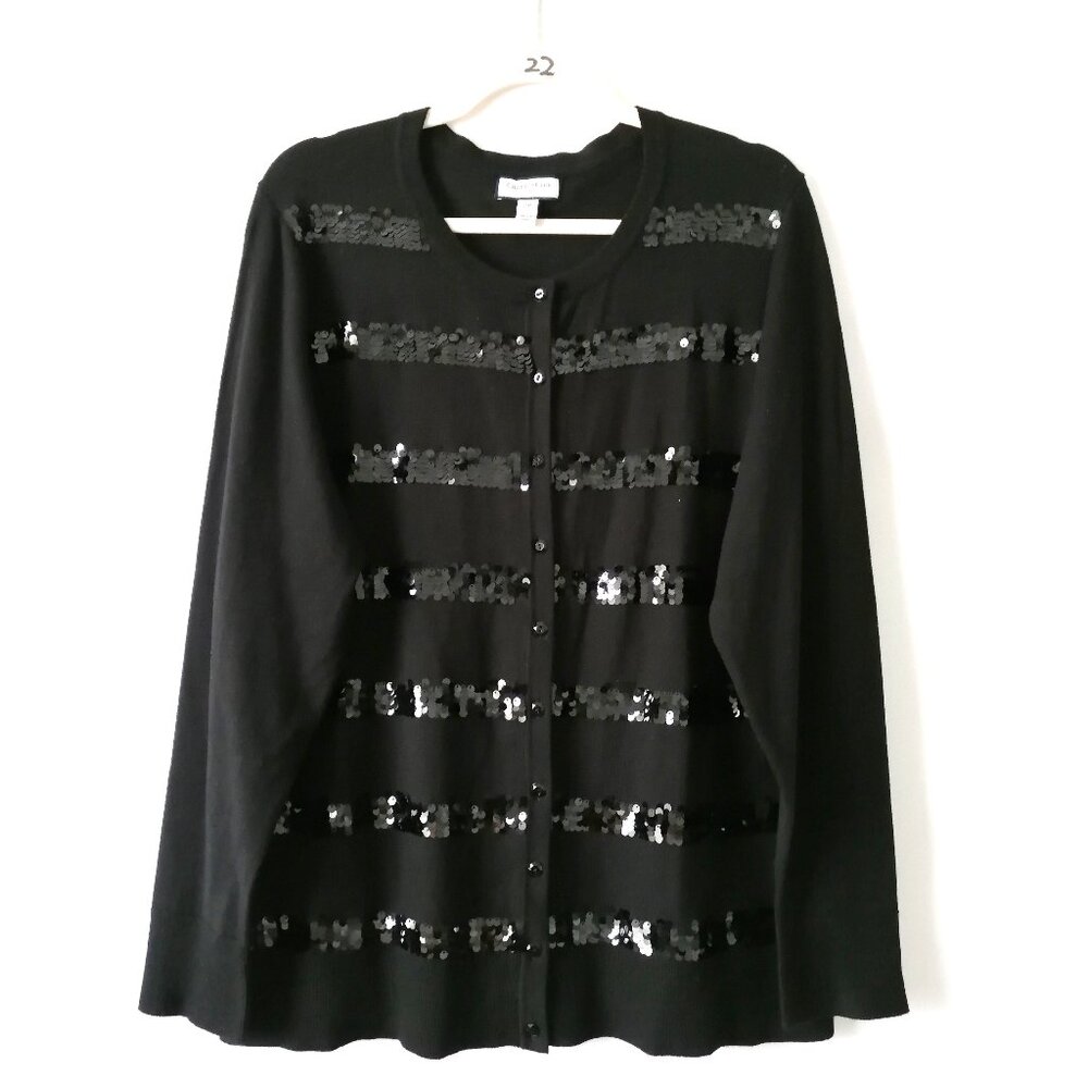 Character Club Womens Black Sequined Striped Round Neck Cardigan Sweater Size 2X